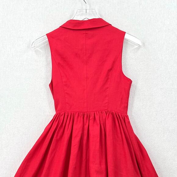 JOSLIN Amella Linen Mini Wrap Dress Womens 0 Red Sleeveless Collar V Neck Ruffle - Picture 9 of 16